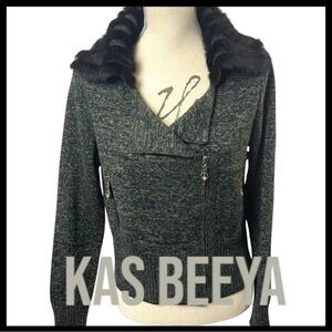 Kas Beeya Green Zipper Front Cardigan Black Faux Fur Collar (M/L)